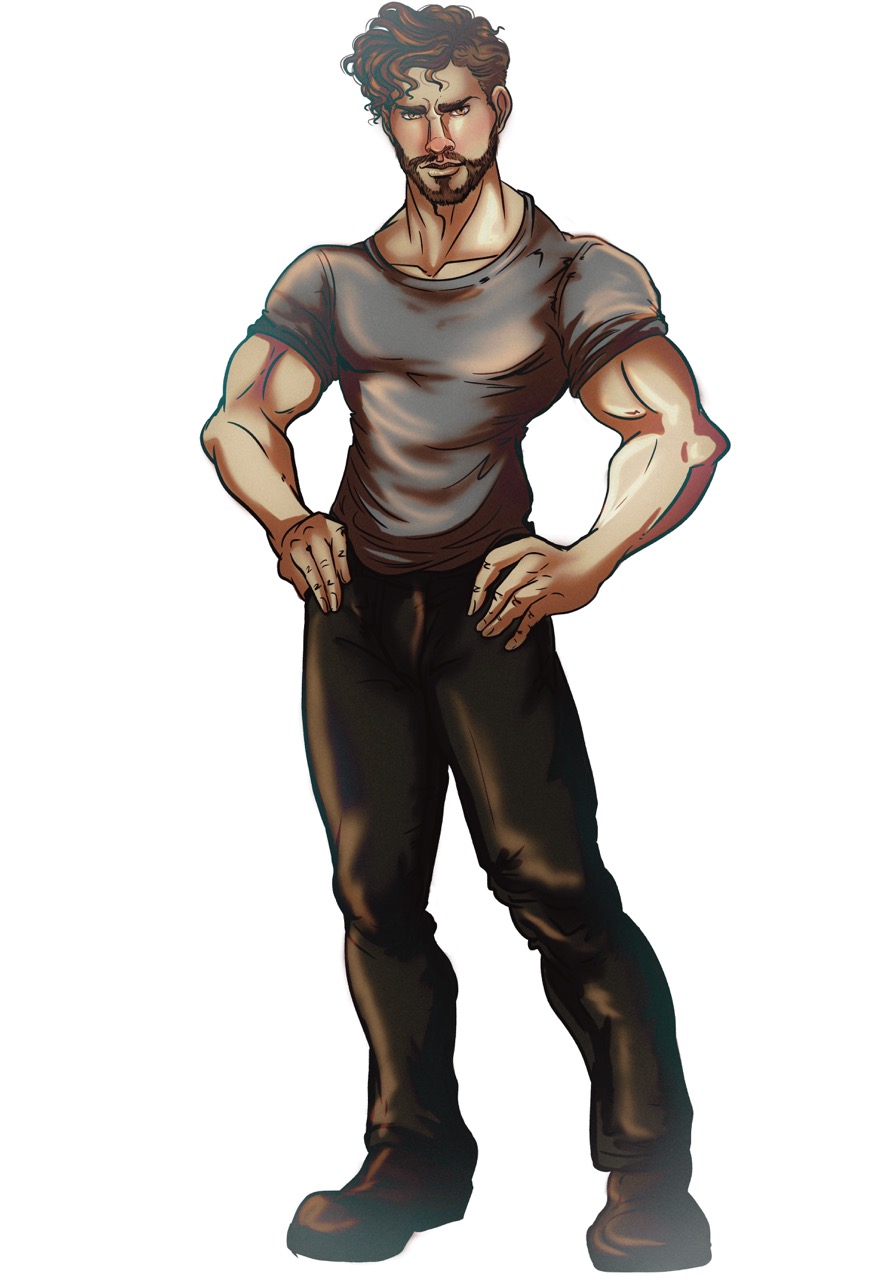 Artwork of a buff, bearded man in a t-shirt and pants.