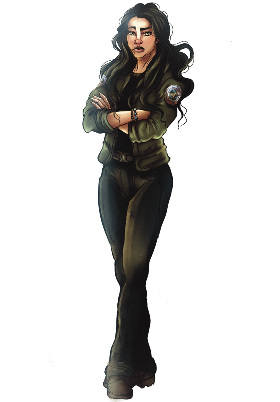 Character art of Savanna. Woman with long, dark hair wearing a tribal cop uniform.