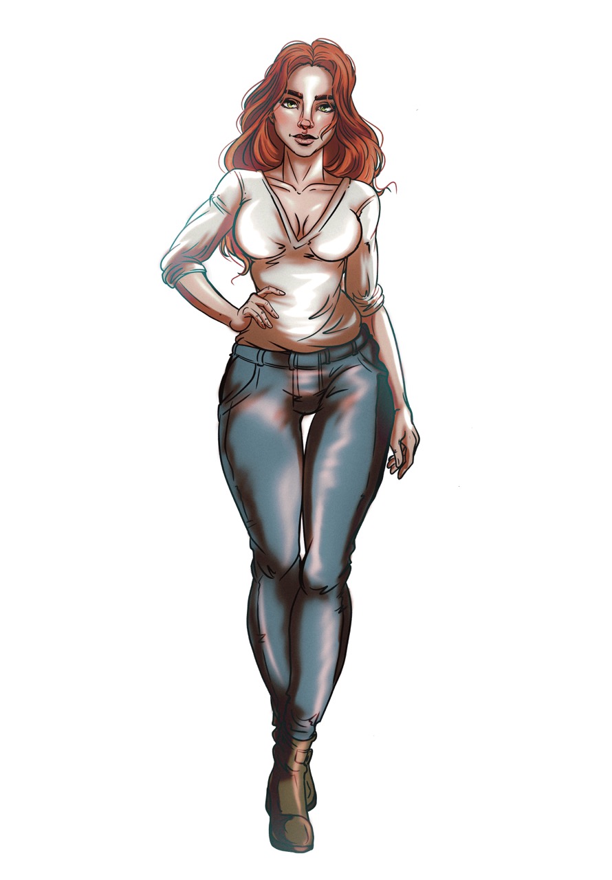 Artwork of a redheaded woman wearing a white t-shirt and jeans.