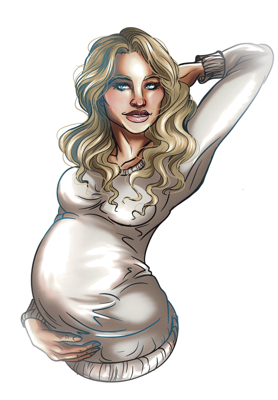 Pregnant woman with blond hair wearing a white sweater and holding her stomach.