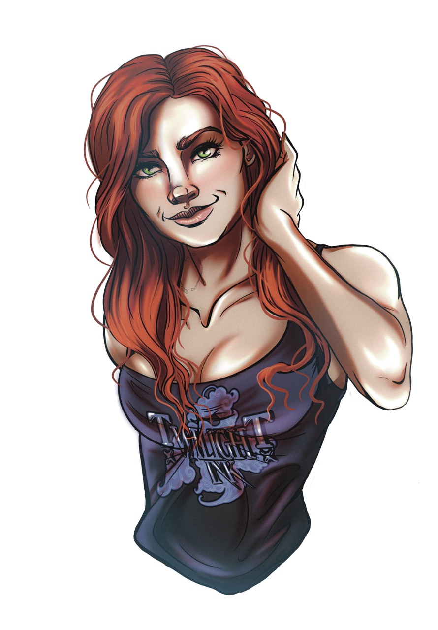 Redheaded female in a blank tank with a Twilight Ink logo on the front.