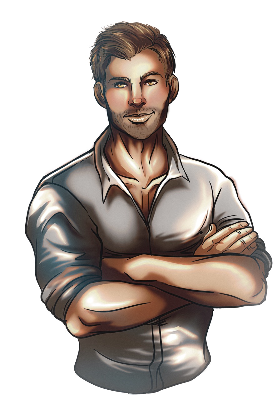Buff male wearing a shirt with the collar open and the sleeves rolled up to his elbows.